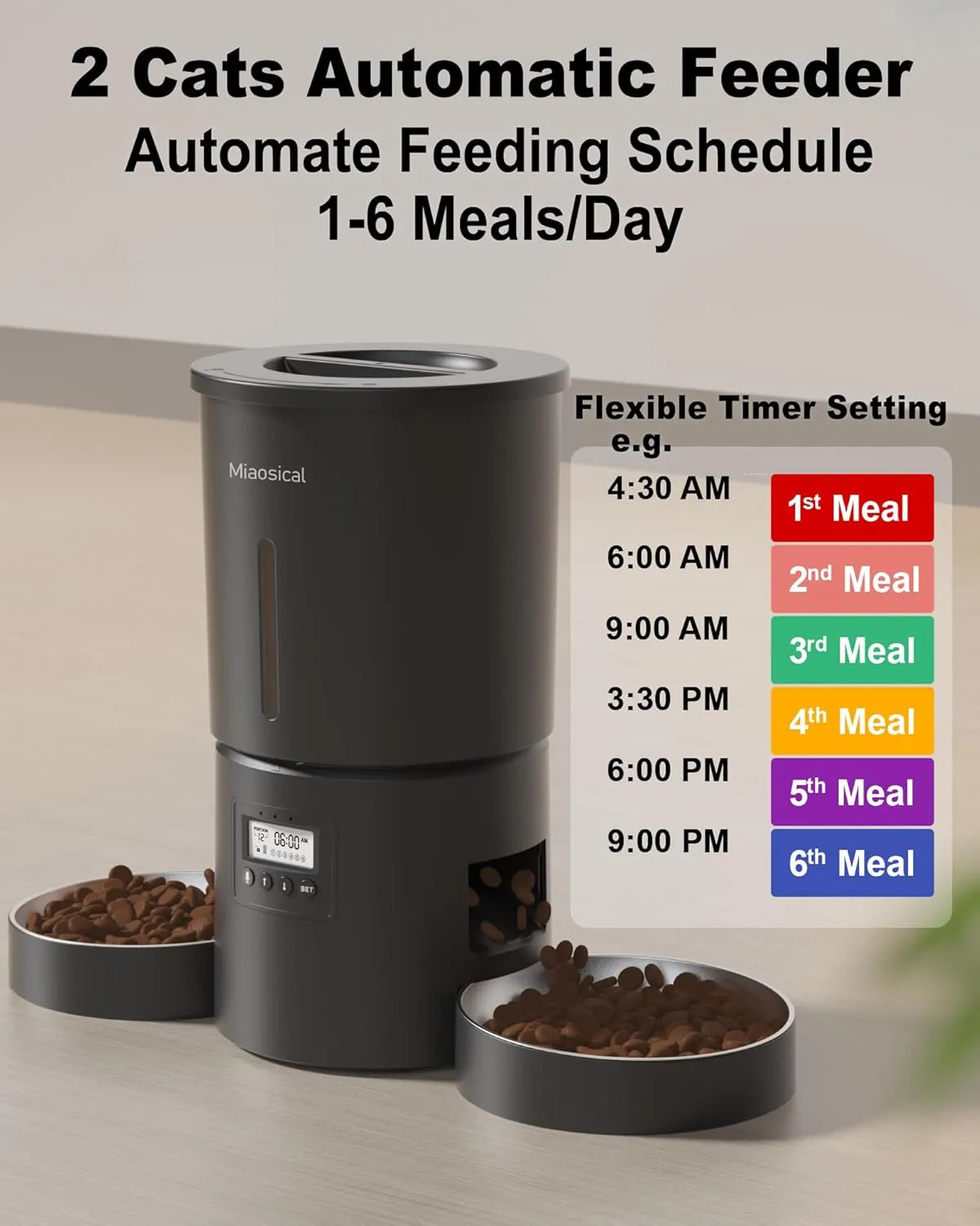 Dual Automatic Cat Feeder 2 Cats,6 Meals/Day,12 Portions/Meal,4.2L Dual Power Double Bowls Feeder,Dry Food Auto Pet Dispenser,10S Voice Record,Flexible Schedule Timer (Black,Stainless Dual Bowls)