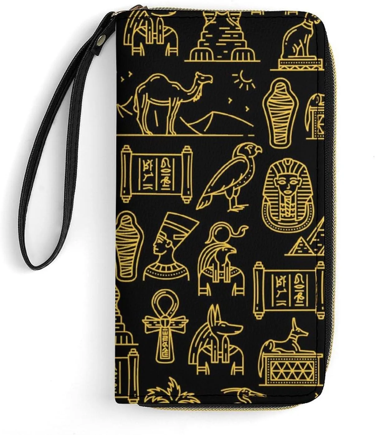 Egyptian Nefertiti and Ra Anubis and Pyramids Mummy Sphinx Women's Wallet Long Clutch Purse with Wristlet Strap Zipper Phone Handbag