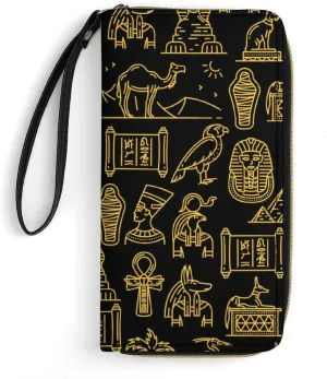 Egyptian Nefertiti and Ra Anubis and Pyramids Mummy Sphinx Women's Wallet Long Clutch Purse with Wristlet Strap Zipper Phone Handbag