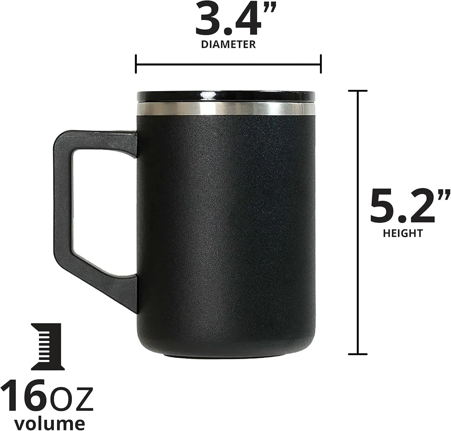 Elemental Insulated Coffee Mug - Triple-Wall Stainless Steel Summit Travel Cup for Hot and Cold Drinks - Thermal Coffee Mug with Lid and Handle for Camping, Office & Travel 16oz - Black