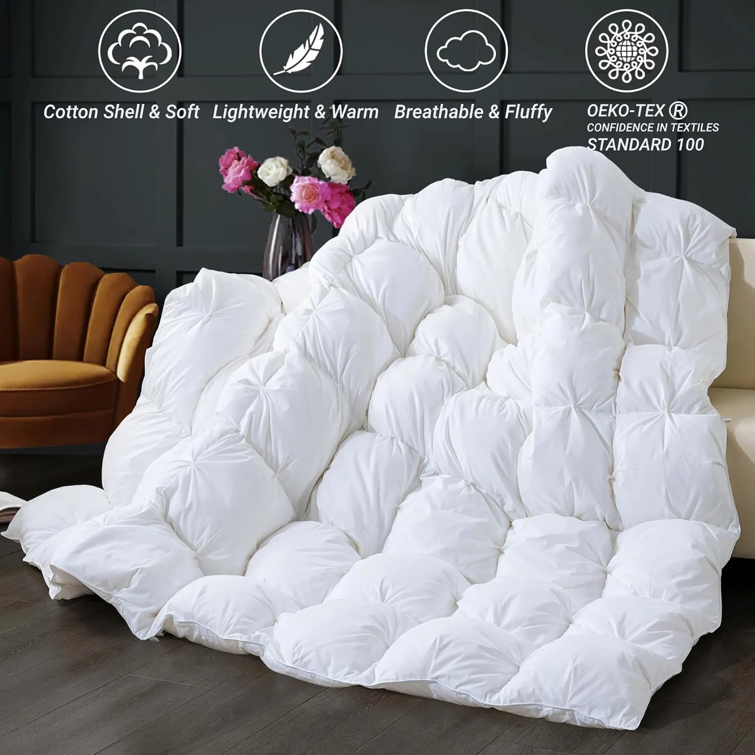 ELNIDO QUEEN® Feather Comforter King Size Duvet Insert, Luxury Fluffy White Pinch Pleat Design - All Season Hotel Collection Cotton Bed Comforter with 8 Tabs, King 106x90 Inches