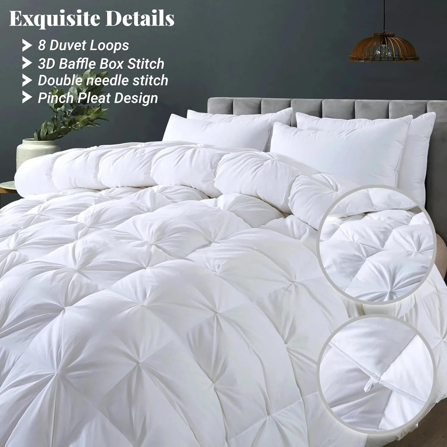 ELNIDO QUEEN® Feather Comforter King Size Duvet Insert, Luxury Fluffy White Pinch Pleat Design - All Season Hotel Collection Cotton Bed Comforter with 8 Tabs, King 106x90 Inches
