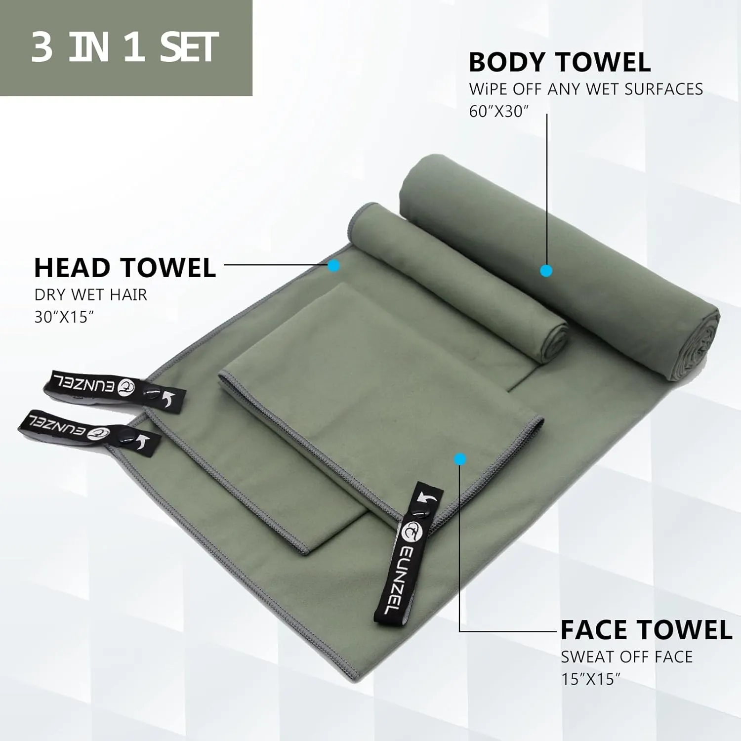 Eunzel 2 Pack Quick Dry Camping Towel, Microfiber Travel Towel 3 Size at 1 Pack,Fast Drying Towel Set for Camping, Beach, Gym, Sports, Yoga & Swimming Pool, Army Green/Orange