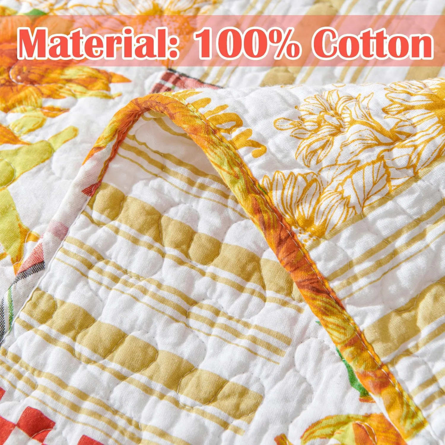 EVENHUG 100% Cotton Quilt Twin Size Orange Sunflower Bedding Set Floral Lightweight Quilt Reversible Coverlet Bedspread with1 Pillow Shams All Seasons 2 Pieces