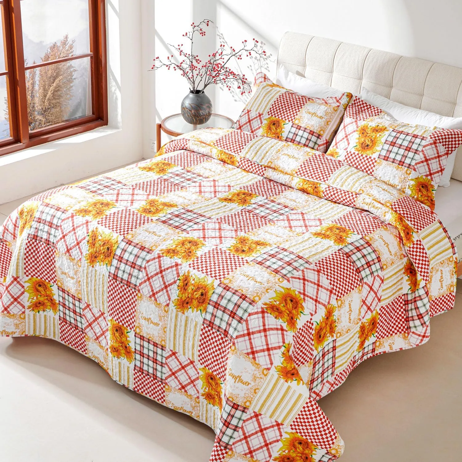 EVENHUG 100% Cotton Quilt Twin Size Orange Sunflower Bedding Set Floral Lightweight Quilt Reversible Coverlet Bedspread with1 Pillow Shams All Seasons 2 Pieces