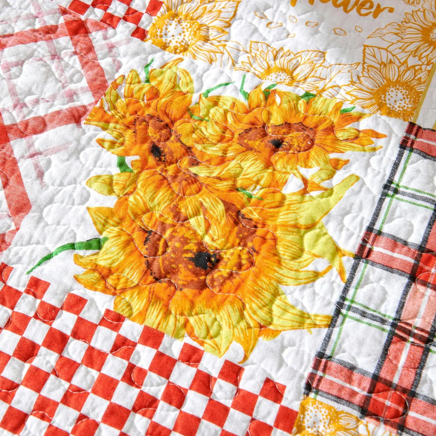 EVENHUG 100% Cotton Quilt Twin Size Orange Sunflower Bedding Set Floral Lightweight Quilt Reversible Coverlet Bedspread with1 Pillow Shams All Seasons 2 Pieces