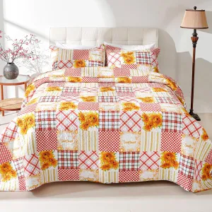 EVENHUG 100% Cotton Quilt Twin Size Orange Sunflower Bedding Set Floral Lightweight Quilt Reversible Coverlet Bedspread with1 Pillow Shams All Seasons 2 Pieces