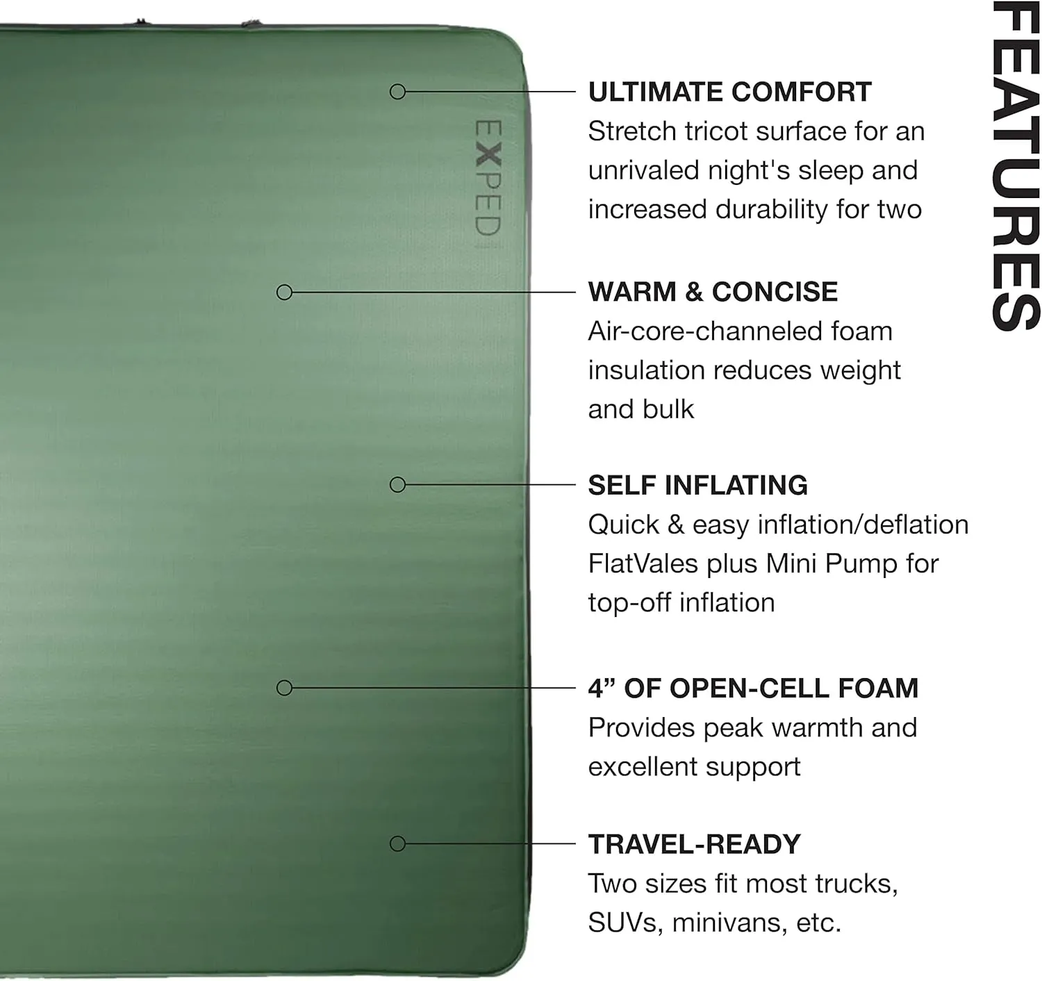 Exped MegaMat 10 Duo - Self Inflating Foam Sleeping Pad, 4" Thickness Camping Bed, Compact and Lightweight, Mini Pump Included, Green, Long Wide Plus - Past Season
