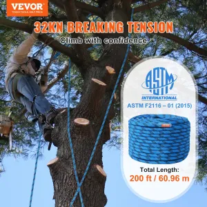 (FINAL PRICES ARE LOWER ON OUR SITE!) VEVOR 12.7mm Static Climbing Rope, 60.9M(200ft) Outdoor Rock Climbing Rope 32KN Breaking Tension, Fiber Rope with Steel Snap Hooks for Escape, Rappelling, Fire Rescue, Blue