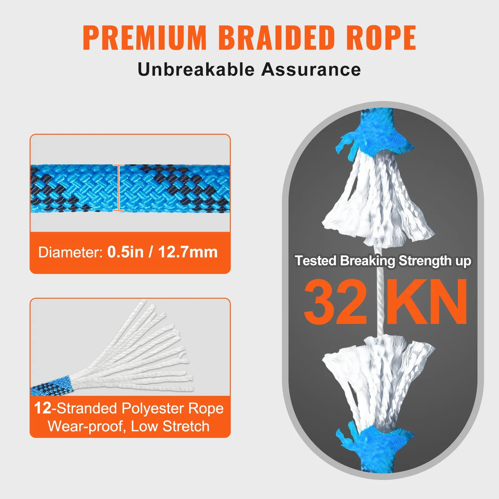 (FINAL PRICES ARE LOWER ON OUR SITE!) VEVOR 12.7mm Static Climbing Rope, 60.9M(200ft) Outdoor Rock Climbing Rope 32KN Breaking Tension, Fiber Rope with Steel Snap Hooks for Escape, Rappelling, Fire Rescue, Blue