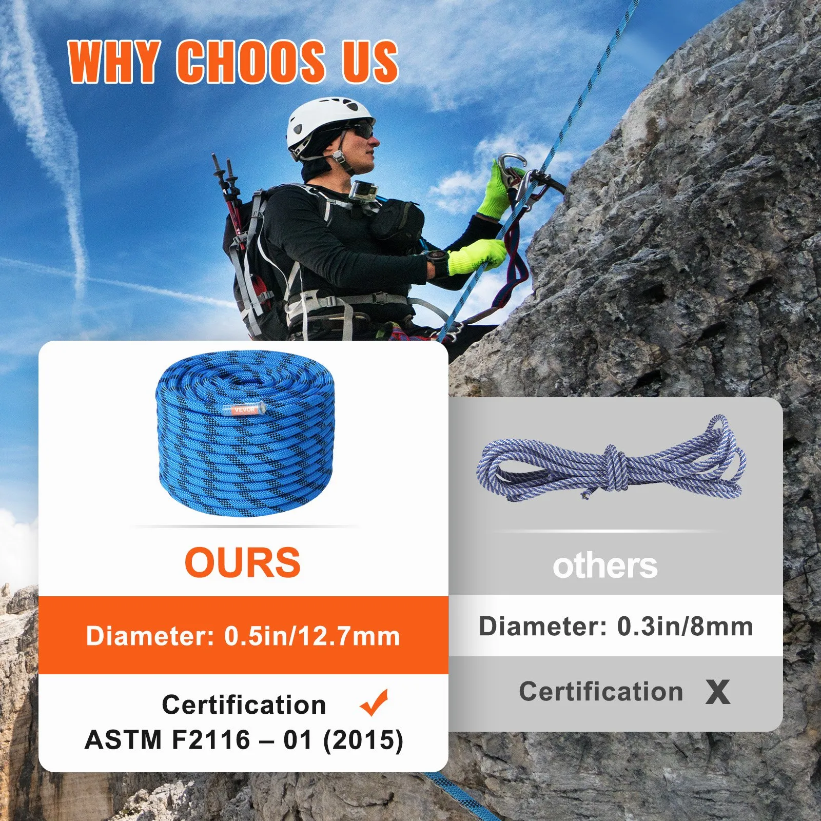 (FINAL PRICES ARE LOWER ON OUR SITE!) VEVOR 12.7mm Static Climbing Rope, 60.9M(200ft) Outdoor Rock Climbing Rope 32KN Breaking Tension, Fiber Rope with Steel Snap Hooks for Escape, Rappelling, Fire Rescue, Blue