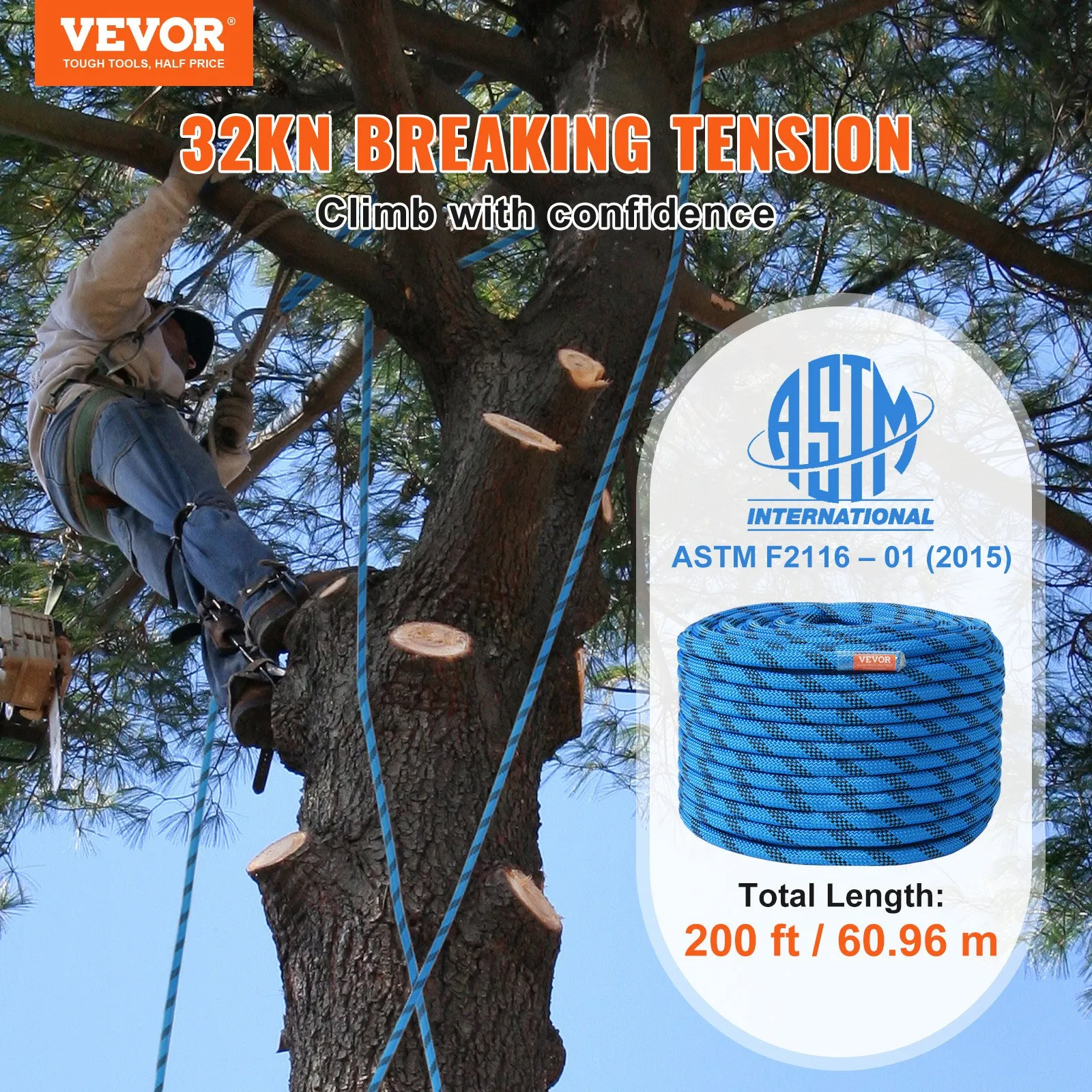 (FINAL PRICES ARE LOWER ON OUR SITE!) VEVOR 12.7mm Static Climbing Rope, 60.9M(200ft) Outdoor Rock Climbing Rope 32KN Breaking Tension, Fiber Rope with Steel Snap Hooks for Escape, Rappelling, Fire Rescue, Blue