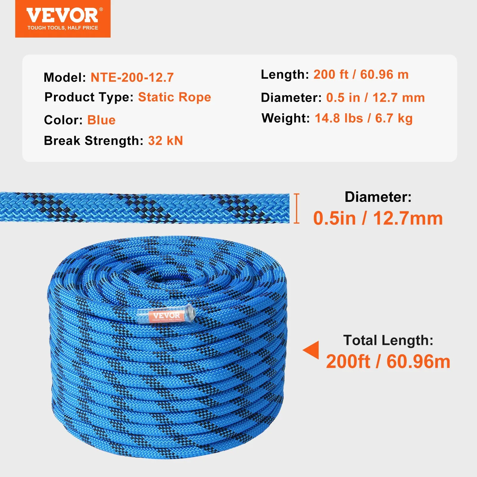 (FINAL PRICES ARE LOWER ON OUR SITE!) VEVOR 12.7mm Static Climbing Rope, 60.9M(200ft) Outdoor Rock Climbing Rope 32KN Breaking Tension, Fiber Rope with Steel Snap Hooks for Escape, Rappelling, Fire Rescue, Blue