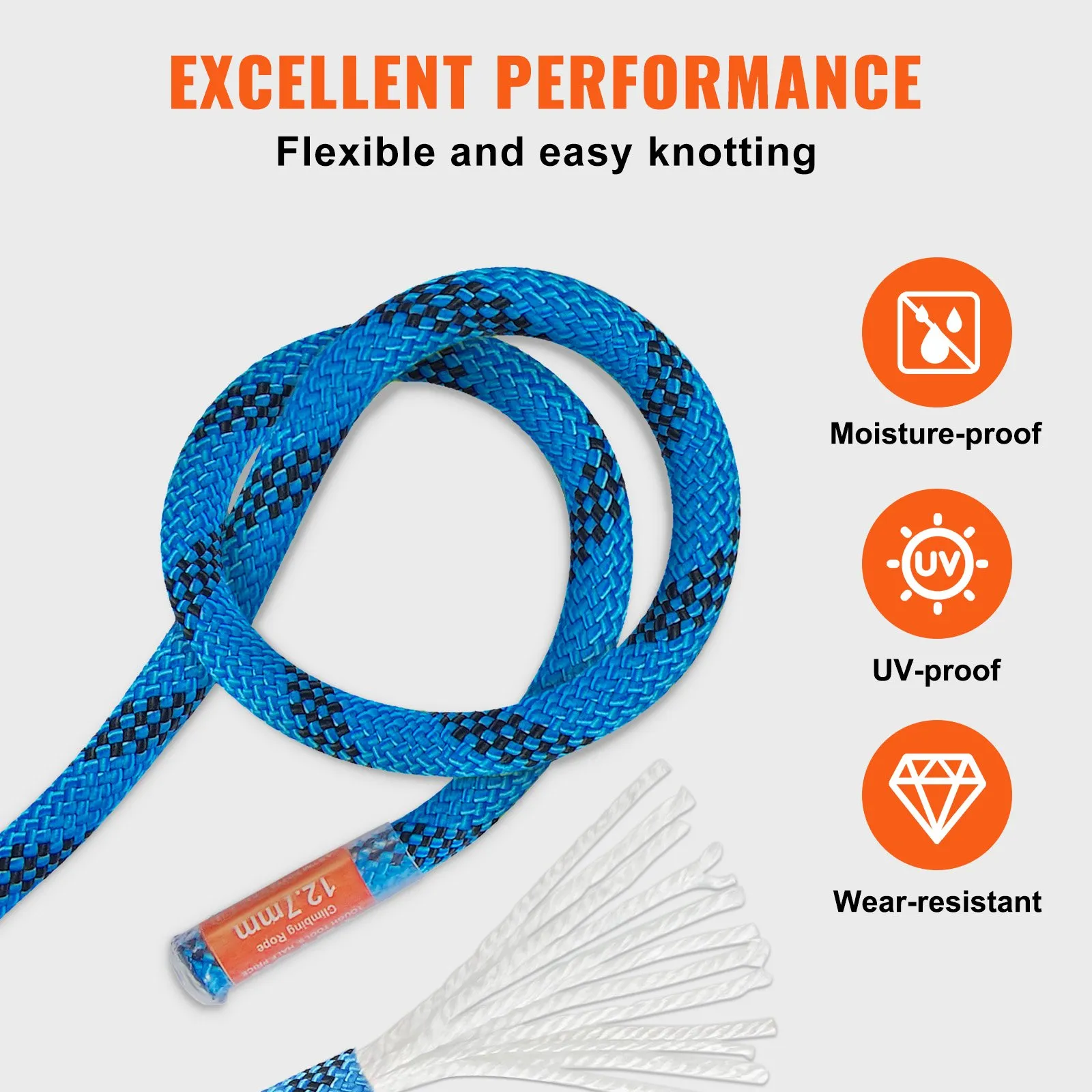 (FINAL PRICES ARE LOWER ON OUR SITE!) VEVOR 12.7mm Static Climbing Rope, 60.9M(200ft) Outdoor Rock Climbing Rope 32KN Breaking Tension, Fiber Rope with Steel Snap Hooks for Escape, Rappelling, Fire Rescue, Blue