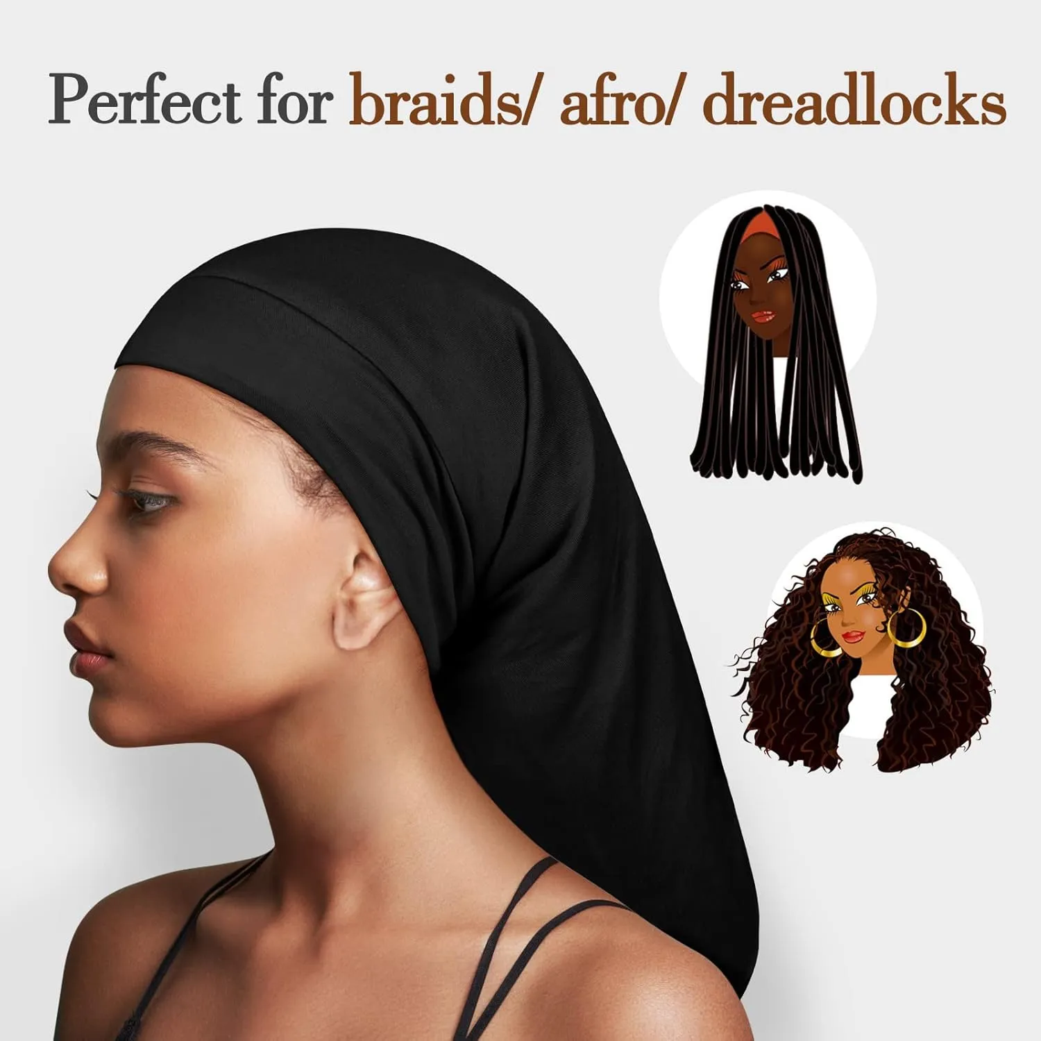 Fittia Long XL Silk Satin Bonnet for Braids, Dreadlocks for Curly Hair Sleeping, Large Silk Sleep Cap for Black Women Men Frizzy Hair