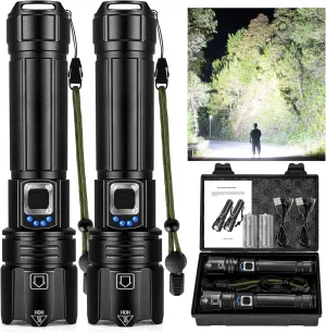 Flashlights High Lumens 2Packs, 3000 Lumens Rechargeable Super Bright Flashlight with 5 Modes, 12H Running Time, Powerful LED Flashlights for Home and Camping, IPX6 Waterproof Flash Light