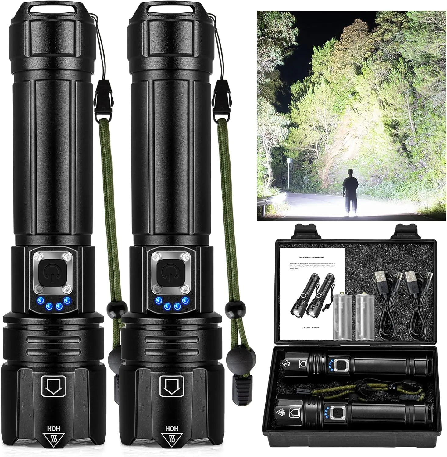 Flashlights High Lumens 2Packs, 3000 Lumens Rechargeable Super Bright Flashlight with 5 Modes, 12H Running Time, Powerful LED Flashlights for Home and Camping, IPX6 Waterproof Flash Light