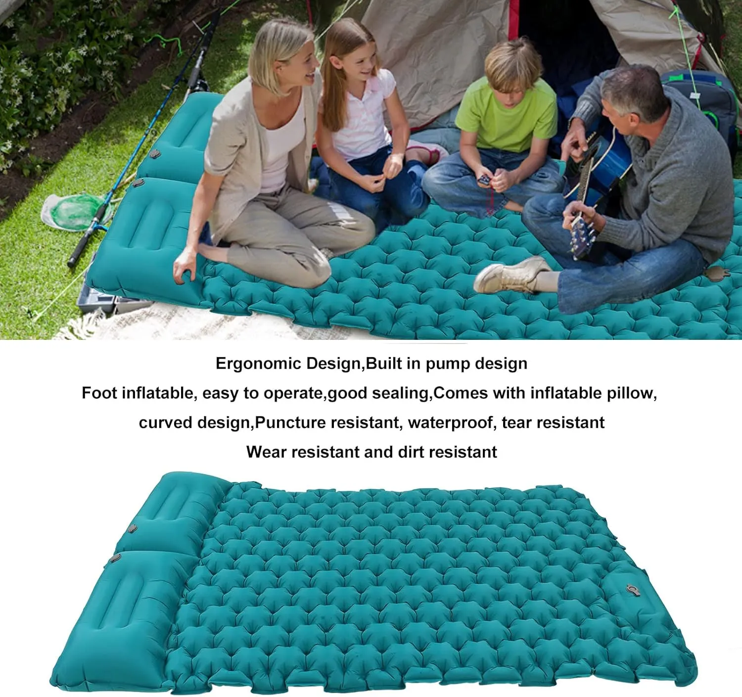 flexman Double Sleeping Pad, 77 X 49 X 3.5 Inflatable Sleeping Pad with Pillow Storage Bag, Foot Operated Nylon Sleeping Mat for Hiking Traveling Tent Camping Office (Blue)