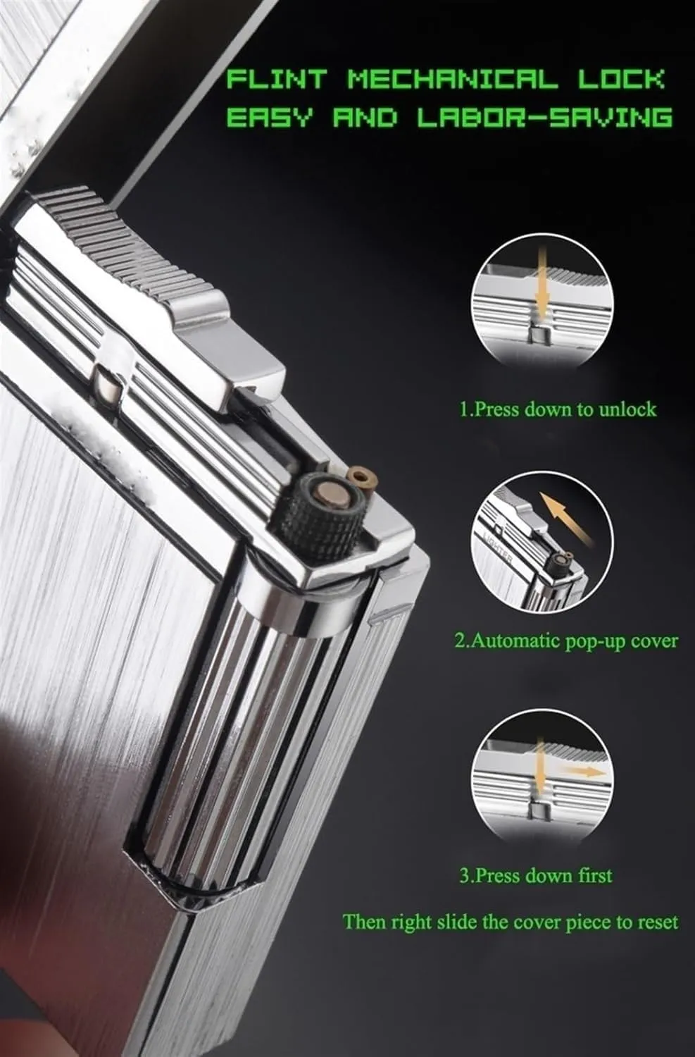 Flint Side Slide Lighter, Classic Grinding Wheel, Metal Ping Sound, Adjustable Soft Flame, Refillable Gas Butane Lighter, for Cigarette/Cigar/Candle, Silver