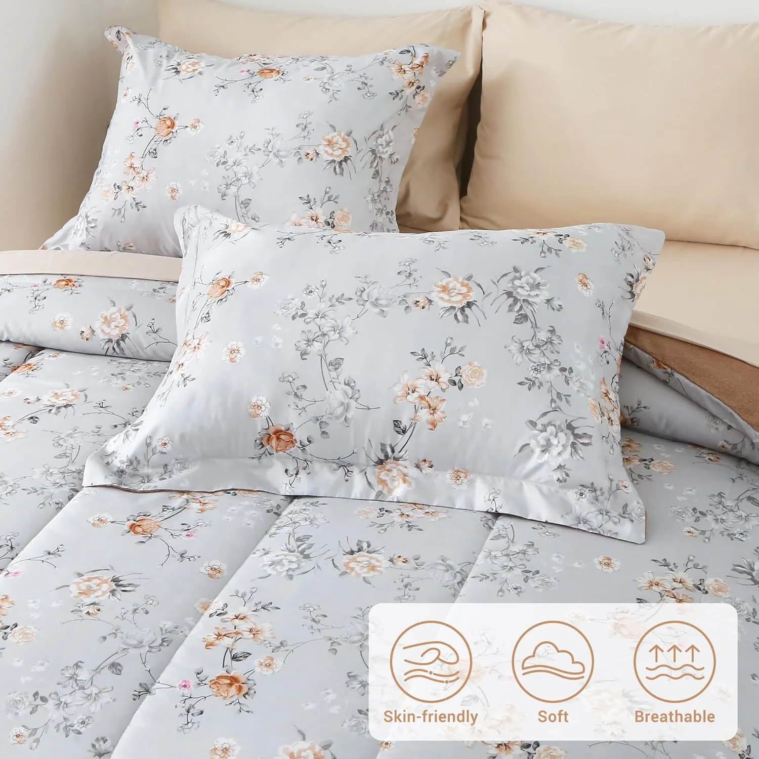 Floral Printed Queen Comforter Set with Sheets, Lightweight 7 Piece Bed in A Bag Queen Comforter Set, Grey and Orange Cute Flower Pattern Farmhouse Bedding Set