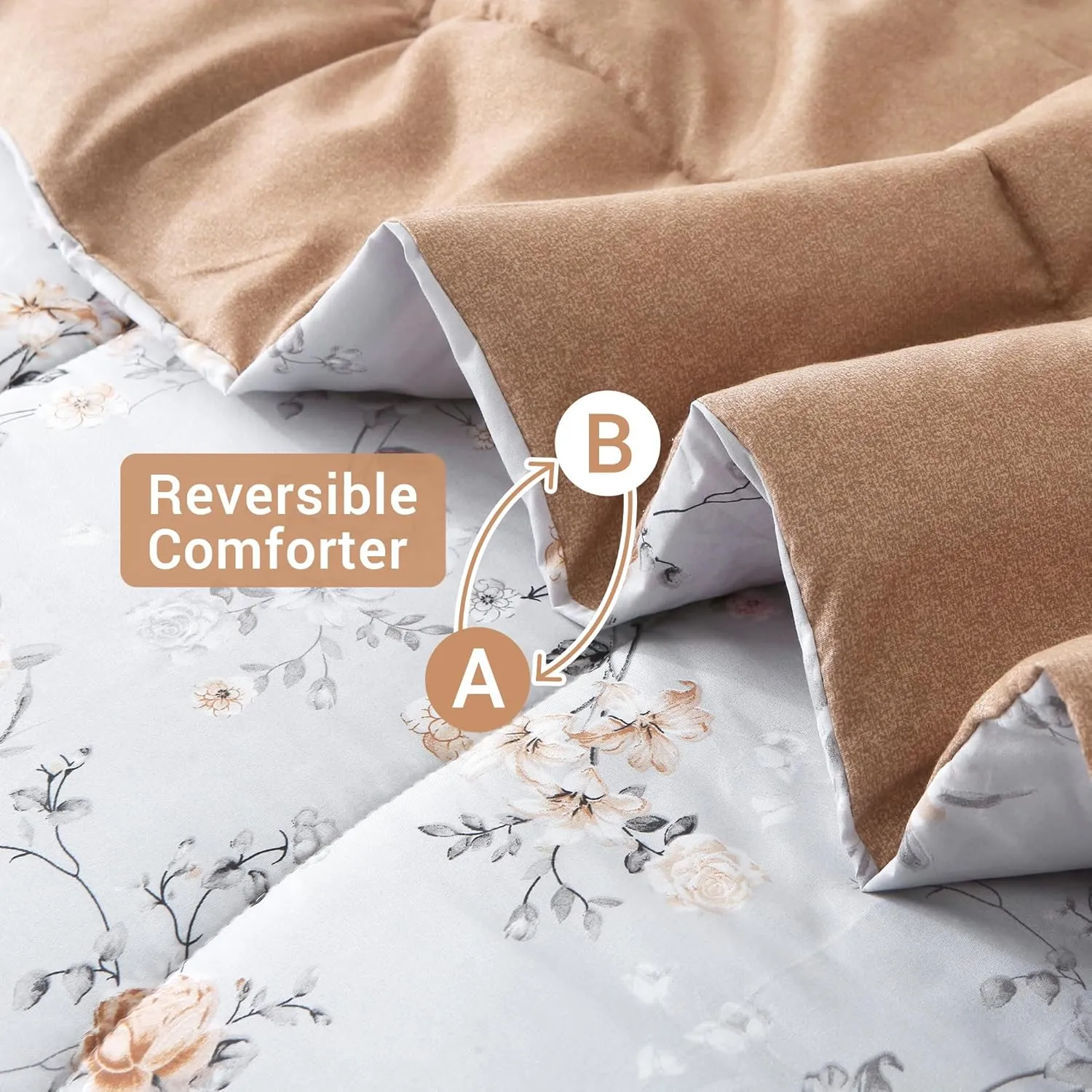 Floral Printed Queen Comforter Set with Sheets, Lightweight 7 Piece Bed in A Bag Queen Comforter Set, Grey and Orange Cute Flower Pattern Farmhouse Bedding Set