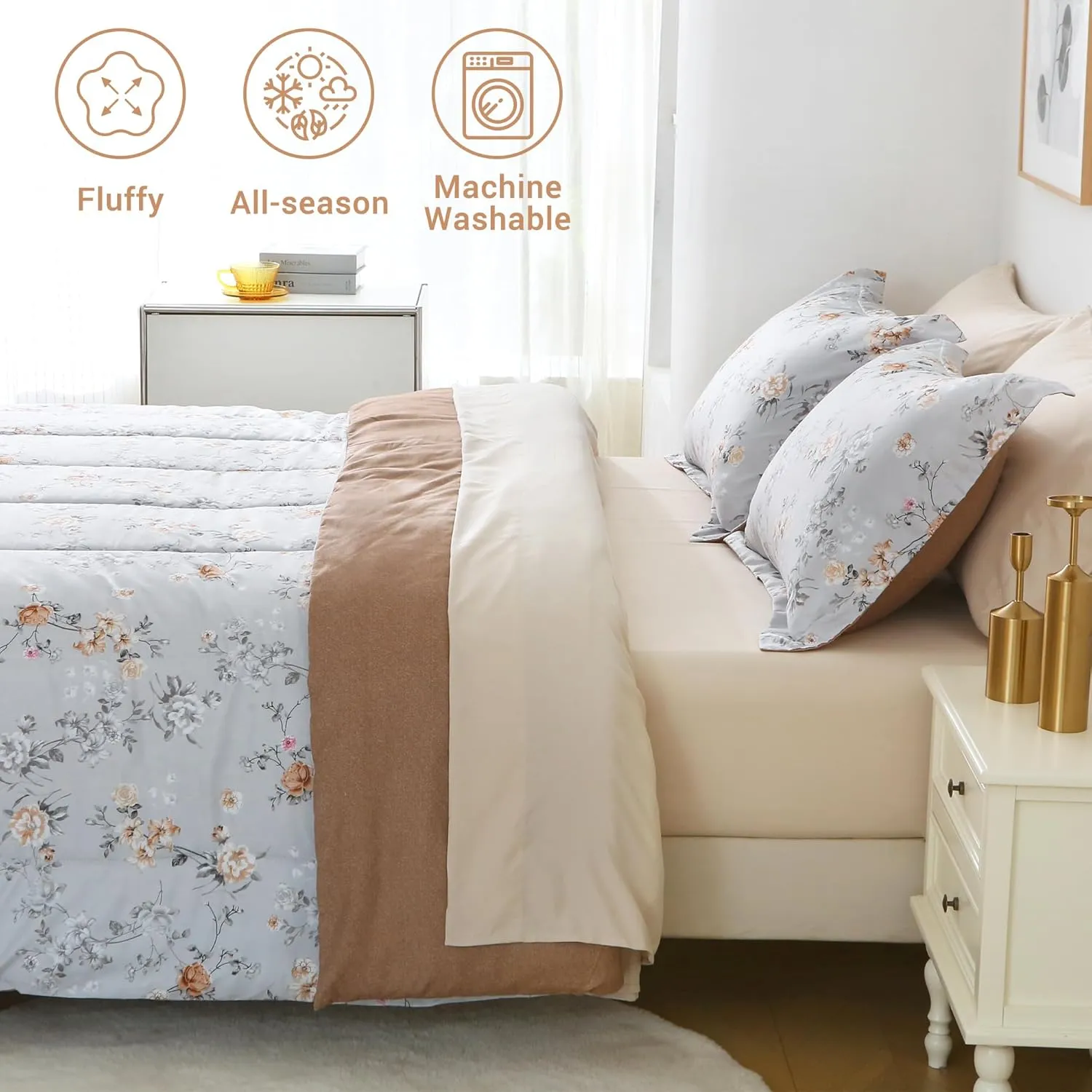Floral Printed Queen Comforter Set with Sheets, Lightweight 7 Piece Bed in A Bag Queen Comforter Set, Grey and Orange Cute Flower Pattern Farmhouse Bedding Set
