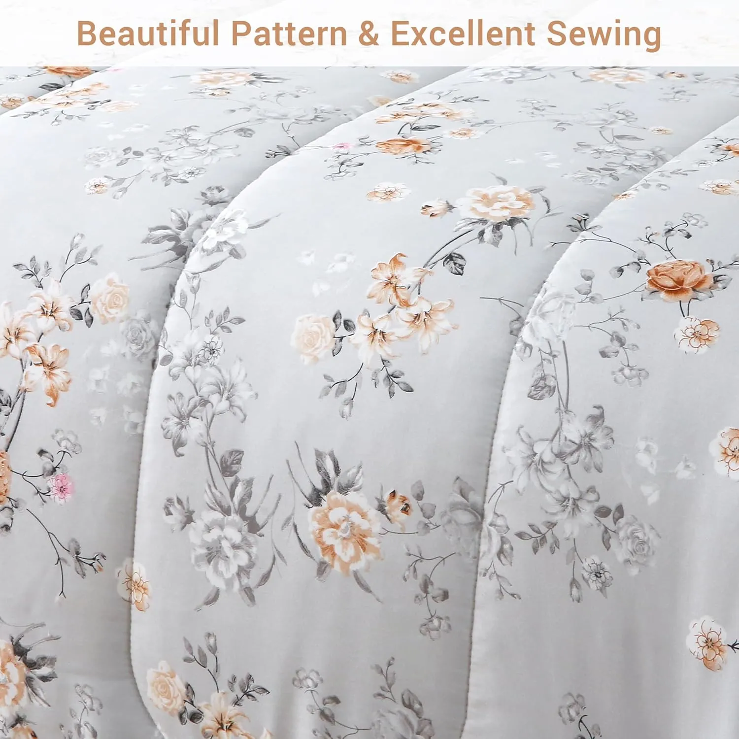 Floral Printed Queen Comforter Set with Sheets, Lightweight 7 Piece Bed in A Bag Queen Comforter Set, Grey and Orange Cute Flower Pattern Farmhouse Bedding Set