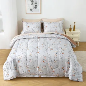 Floral Printed Queen Comforter Set with Sheets, Lightweight 7 Piece Bed in A Bag Queen Comforter Set, Grey and Orange Cute Flower Pattern Farmhouse Bedding Set