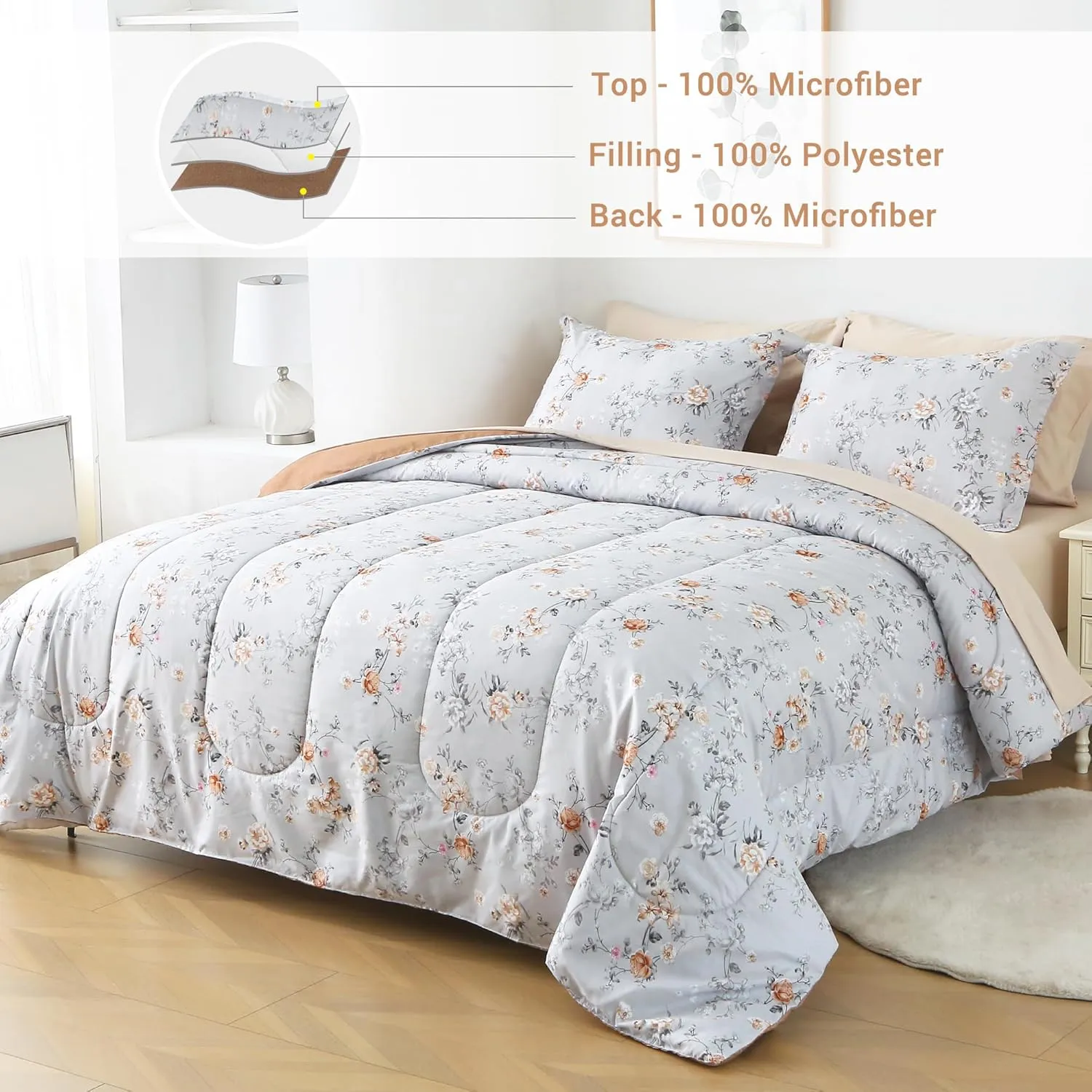 Floral Printed Queen Comforter Set with Sheets, Lightweight 7 Piece Bed in A Bag Queen Comforter Set, Grey and Orange Cute Flower Pattern Farmhouse Bedding Set