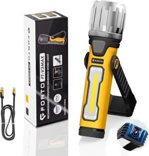 FORTO Magnetic Work Light 2000LM, 5000mAh Rechargeable Battery, IPX8 Waterproof Flashlight with 240° Rotating Handle, for Emergency, Camping, Garage, Car Repair, Hurricane, Power Outage (Yellow)