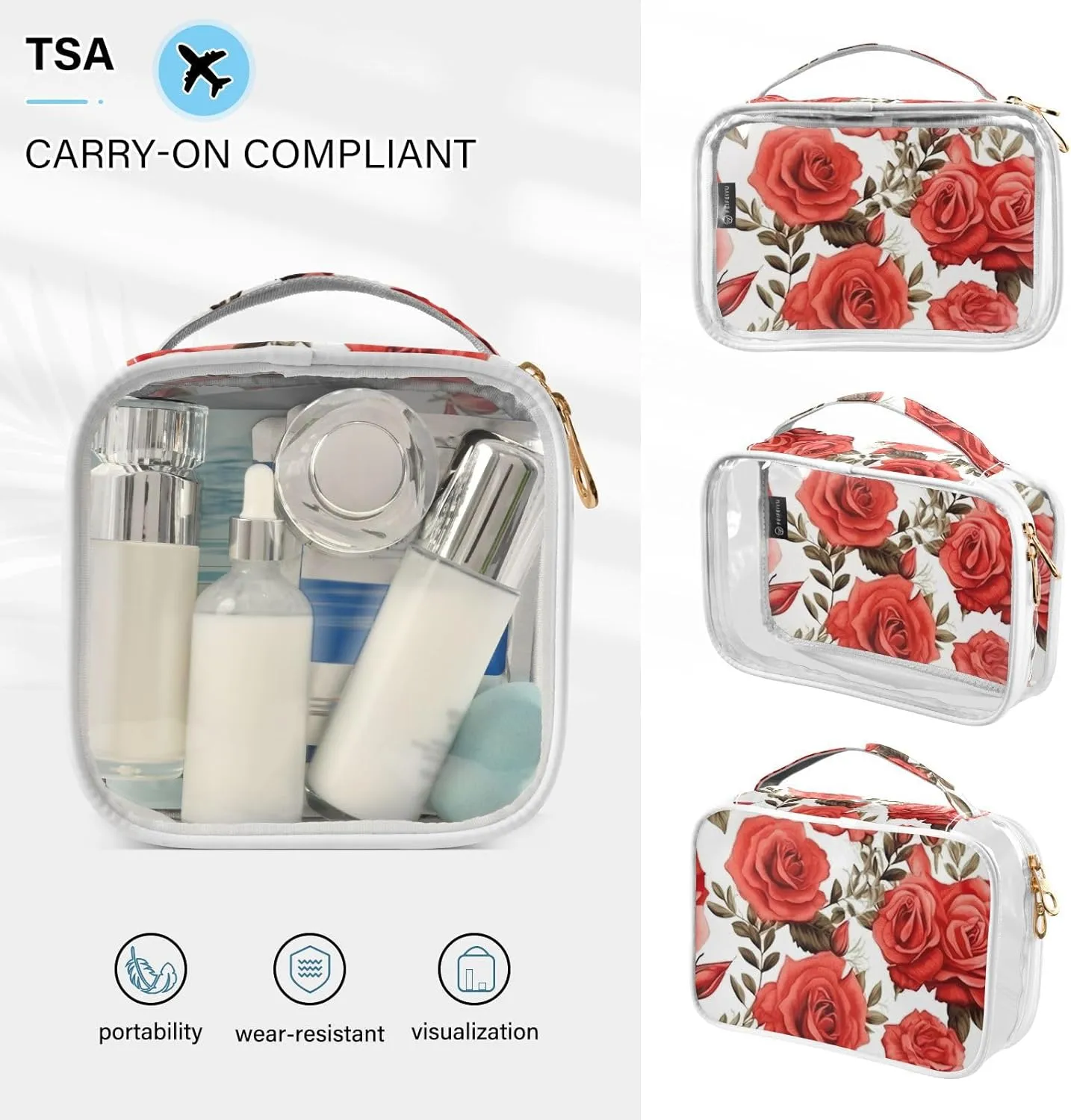 GAIGEO All Red Roses Clear Carry on Travel Toiletry Bag, Toiletry Bag for Travel, Womens Toiletry Bag Travel, 2 Pack