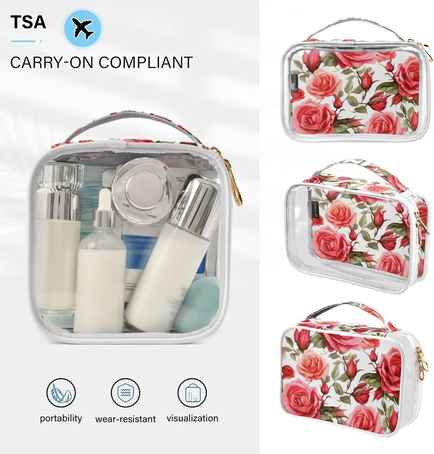 GAIGEO Bright and Colorful Watercolor Roses Clear Cosmetic Bag Set, Toiletry Bag for Women Tsa Approved, Toiletytravel Bag for Women, 2 Pack