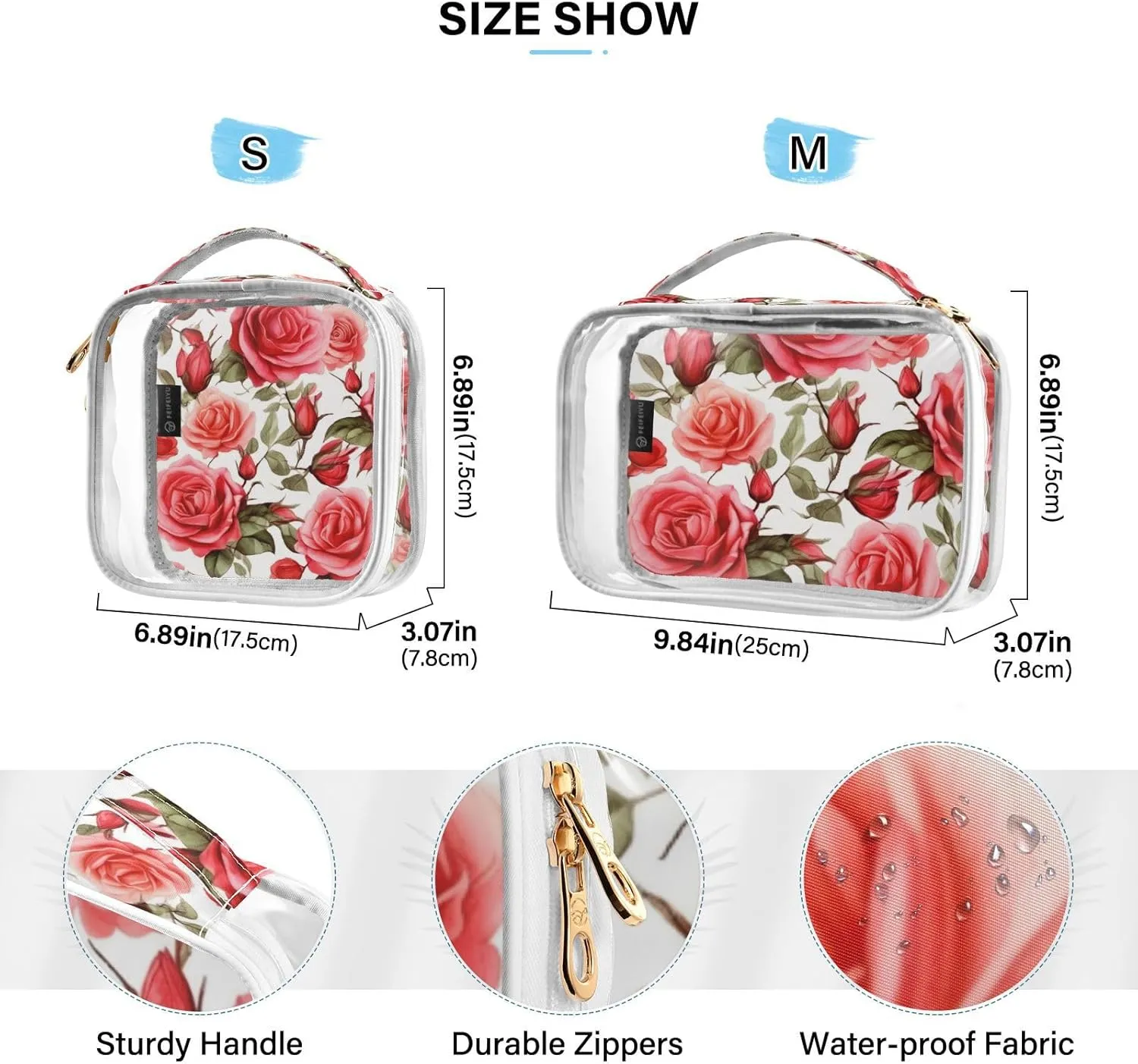 GAIGEO Bright and Colorful Watercolor Roses Clear Cosmetic Bag Set, Toiletry Bag for Women Tsa Approved, Toiletytravel Bag for Women, 2 Pack