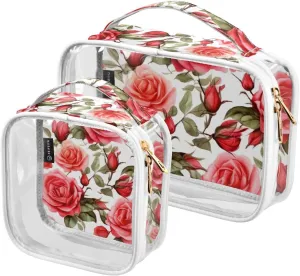GAIGEO Bright and Colorful Watercolor Roses Clear Cosmetic Bag Set, Toiletry Bag for Women Tsa Approved, Toiletytravel Bag for Women, 2 Pack