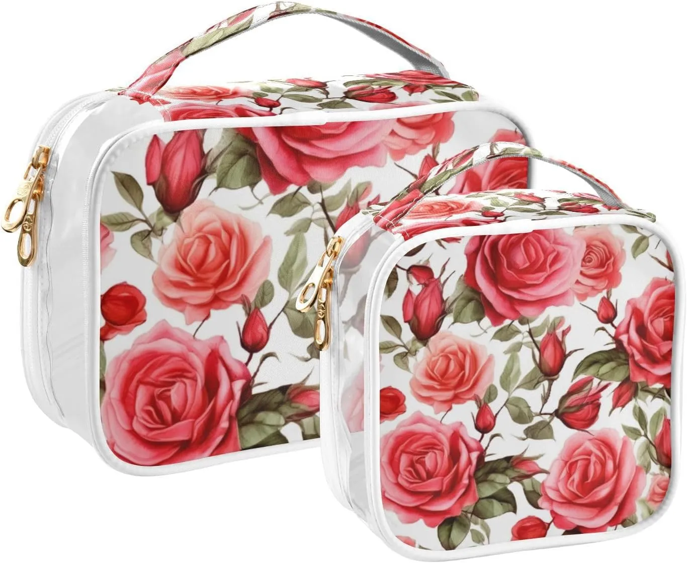 GAIGEO Bright and Colorful Watercolor Roses Clear Cosmetic Bag Set, Toiletry Bag for Women Tsa Approved, Toiletytravel Bag for Women, 2 Pack