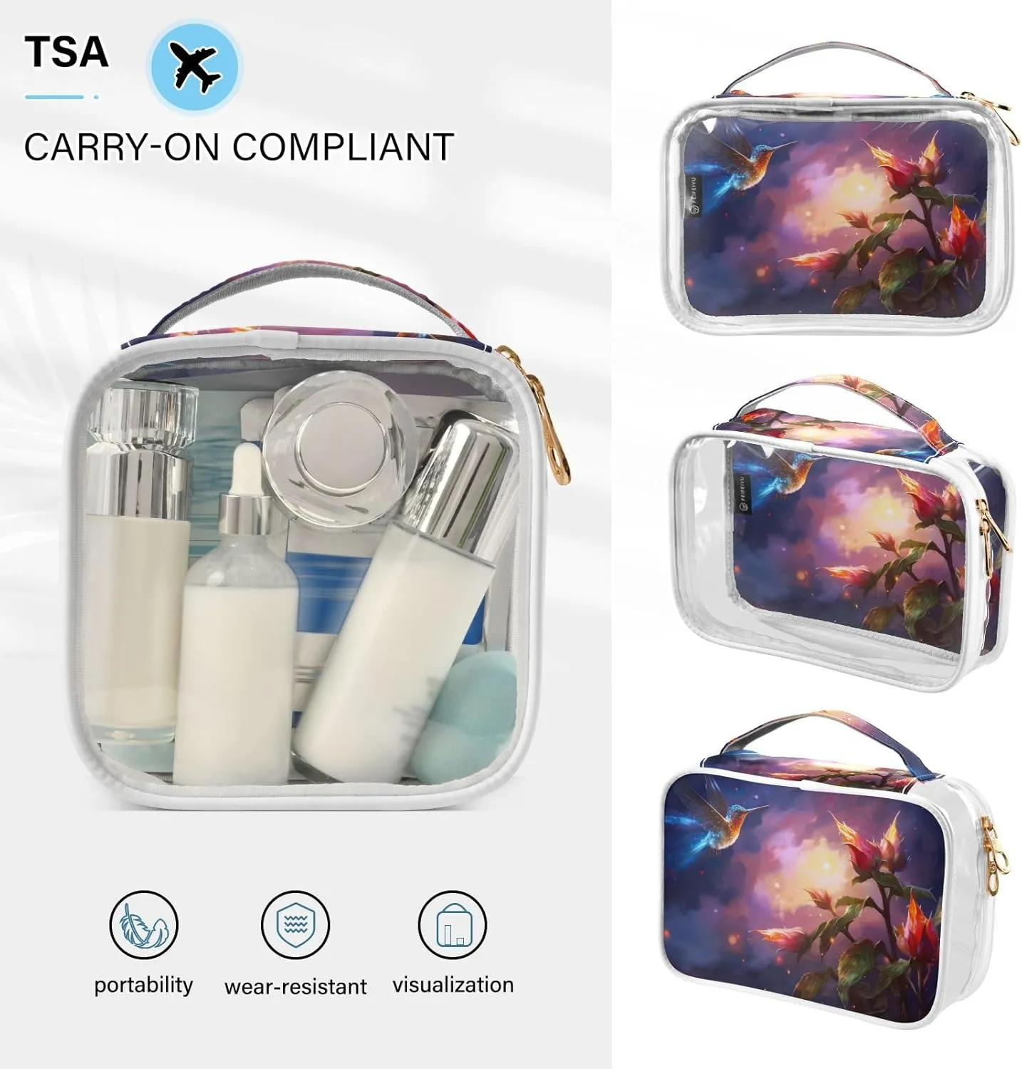GAIGEO Fantasy Flowers And Birds Clear Bags with Zipper, Clear Liquids Bag for Air Travel, Womens Travel Toiletry Bag, 2 Pack