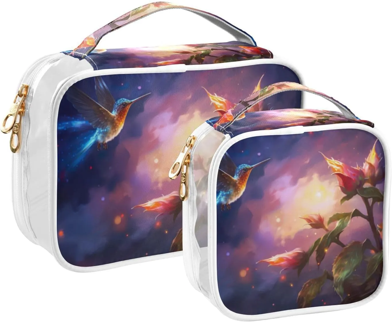 GAIGEO Fantasy Flowers And Birds Clear Bags with Zipper, Clear Liquids Bag for Air Travel, Womens Travel Toiletry Bag, 2 Pack