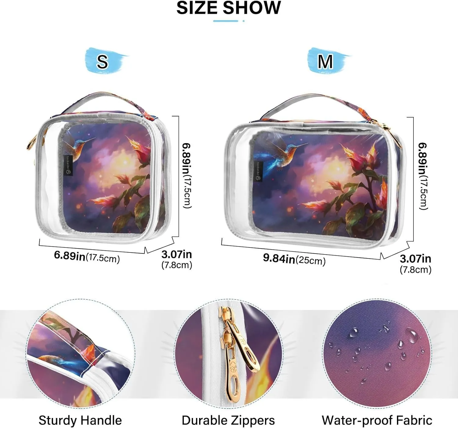 GAIGEO Fantasy Flowers And Birds Clear Bags with Zipper, Clear Liquids Bag for Air Travel, Womens Travel Toiletry Bag, 2 Pack