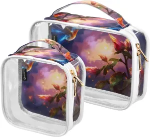 GAIGEO Fantasy Flowers And Birds Clear Bags with Zipper, Clear Liquids Bag for Air Travel, Womens Travel Toiletry Bag, 2 Pack