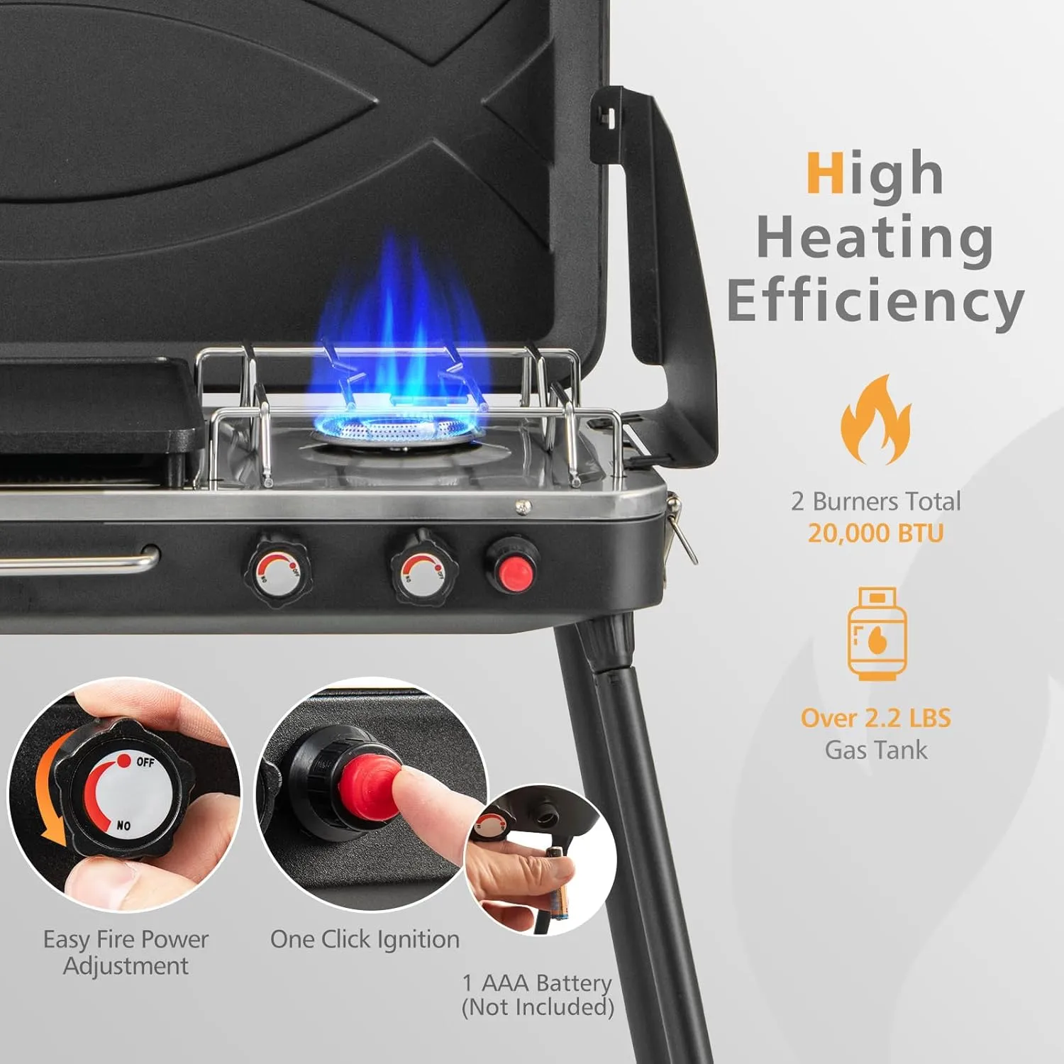 Giantex Portable Propane Grill & Camping Stove, 20,000 BTU Gas Camping Grill Burner, Independent Temperature Control, 3-Sided Wind Guard, Detachable Legs, for BBQ, Tailgating, Outdoor Cooking (Black)