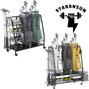 Golf Bag Storage Rack for Garage - Double Golf Bag Organizer with Lockable Wheels - Golf Organizer for Golf Accessories - Ideal Golf Gifts for Men - Easy to Assemble