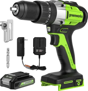Greenworks 24V Brushless 1/2" Hammer Drill (530 in-lbs.) 2.0Ah Battery and Charger Included, DDG402