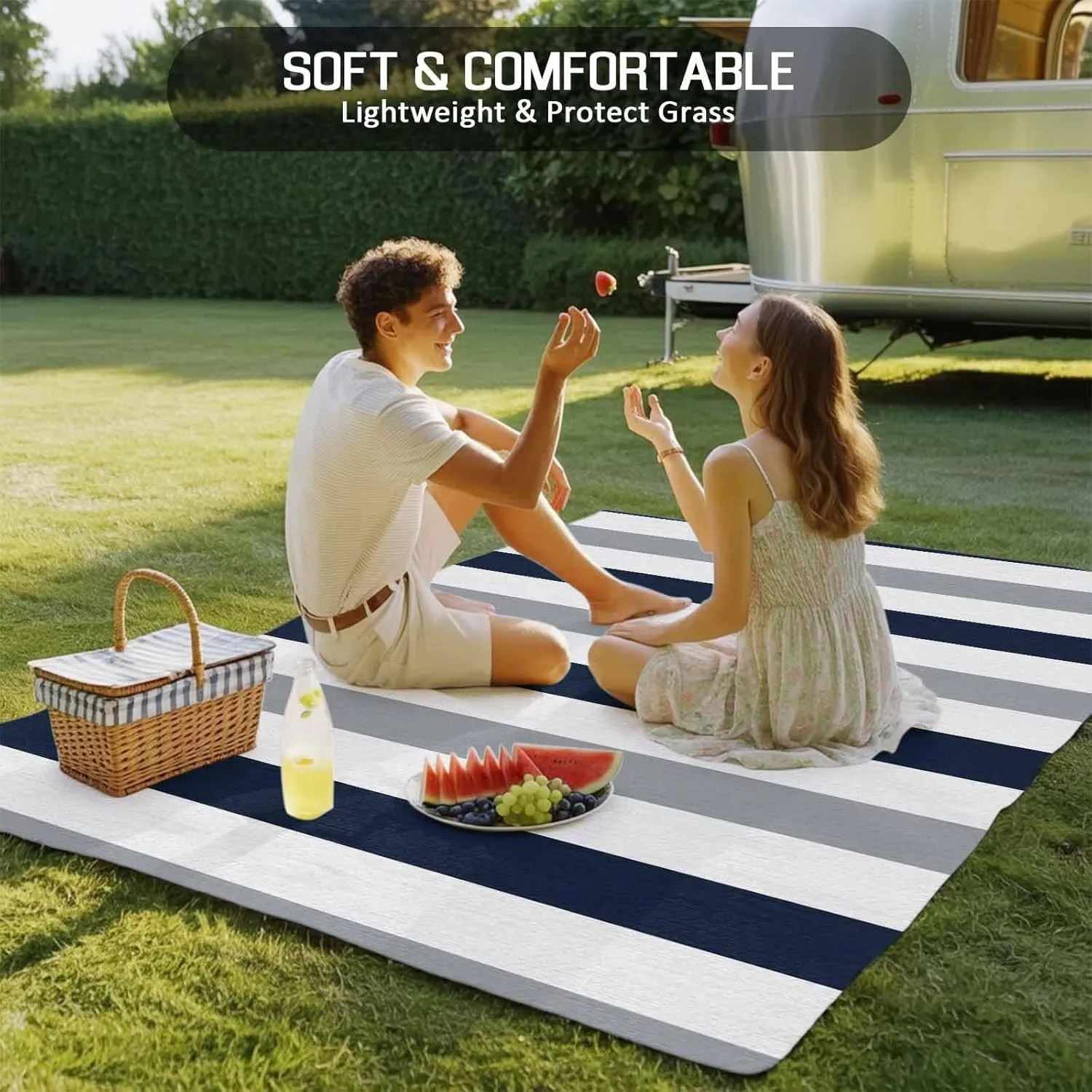 Grey Navy Blue Outdoor Patio Rug 5x8ft Large,Washable RV Camping Outside Area Runner Rug Mat,Modern Geometric White Vertical Stripes Indoor Outdoor Carpet for Picnic Backyard Deck Porch Balcony Beach