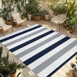 Grey Navy Blue Outdoor Patio Rug 5x8ft Large,Washable RV Camping Outside Area Runner Rug Mat,Modern Geometric White Vertical Stripes Indoor Outdoor Carpet for Picnic Backyard Deck Porch Balcony Beach