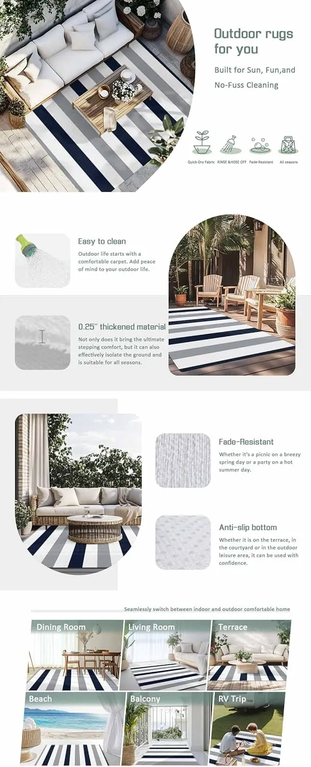 Grey Navy Blue Outdoor Patio Rug 5x8ft Large,Washable RV Camping Outside Area Runner Rug Mat,Modern Geometric White Vertical Stripes Indoor Outdoor Carpet for Picnic Backyard Deck Porch Balcony Beach