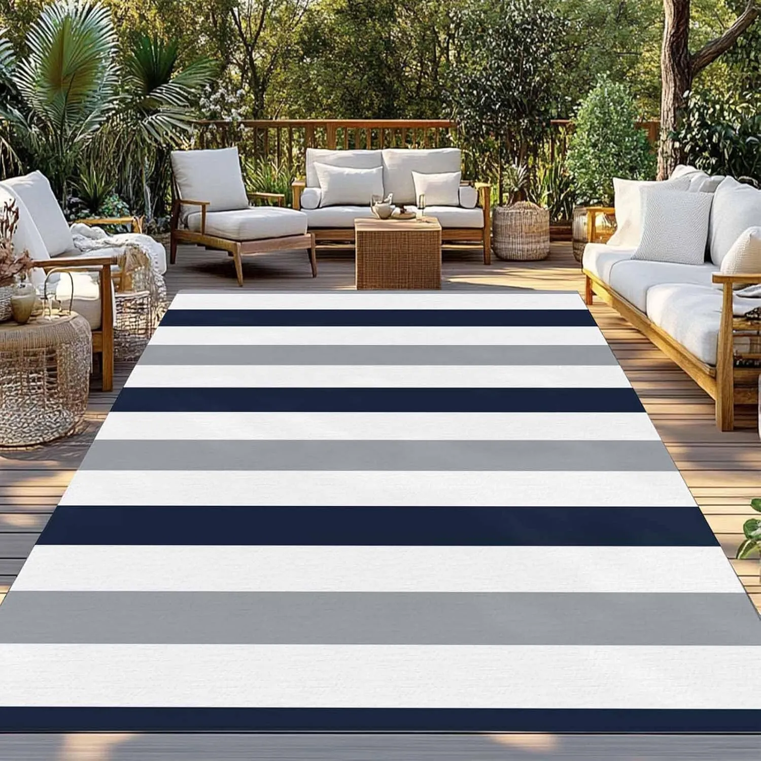 Grey Navy Blue Outdoor Patio Rug 5x8ft Large,Washable RV Camping Outside Area Runner Rug Mat,Modern Geometric White Vertical Stripes Indoor Outdoor Carpet for Picnic Backyard Deck Porch Balcony Beach