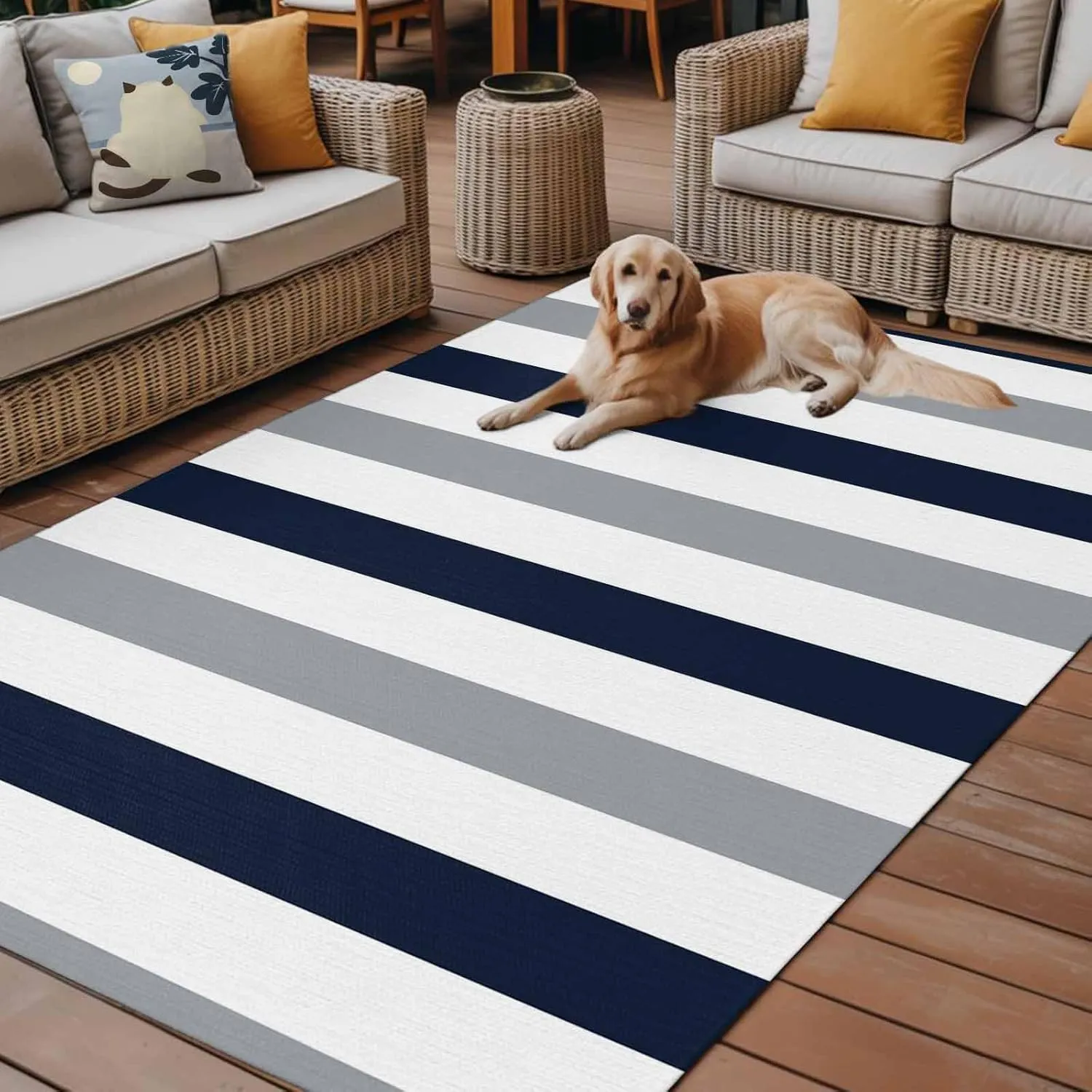 Grey Navy Blue Outdoor Patio Rug 5x8ft Large,Washable RV Camping Outside Area Runner Rug Mat,Modern Geometric White Vertical Stripes Indoor Outdoor Carpet for Picnic Backyard Deck Porch Balcony Beach