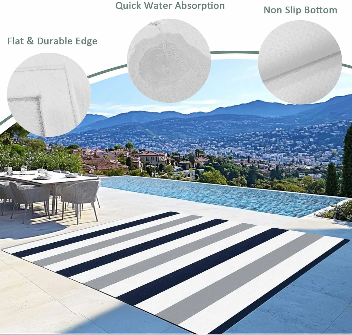 Grey Navy Blue Outdoor Patio Rug 5x8ft Large,Washable RV Camping Outside Area Runner Rug Mat,Modern Geometric White Vertical Stripes Indoor Outdoor Carpet for Picnic Backyard Deck Porch Balcony Beach