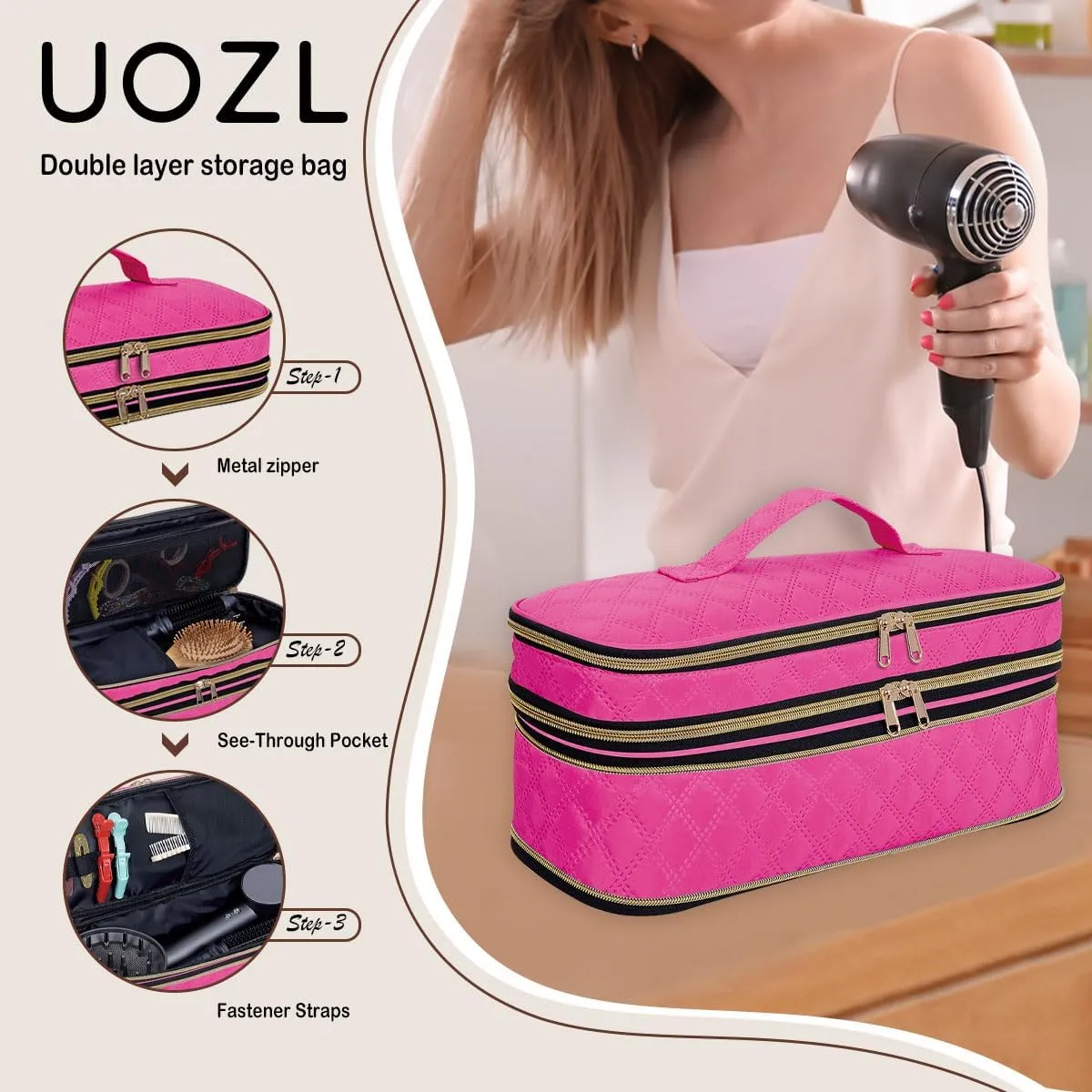 Hair Dryer Travel Carrying Case, Curling Iron Storage Bag, Slim Expandable Handheld Dual-Layer Travel Storage Bag for Dryer/Hair Tool Organizer/Style Organizer