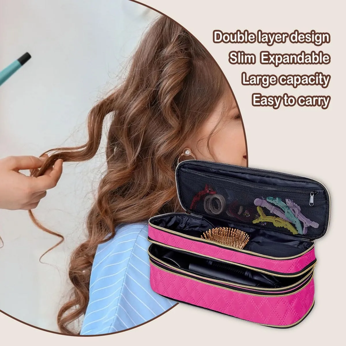 Hair Dryer Travel Carrying Case, Curling Iron Storage Bag, Slim Expandable Handheld Dual-Layer Travel Storage Bag for Dryer/Hair Tool Organizer/Style Organizer